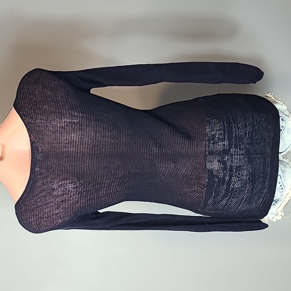 Loft Sweater Open knit ribbed boat neck XS Navy Beachy Linen Blend - Picture 5 of 7